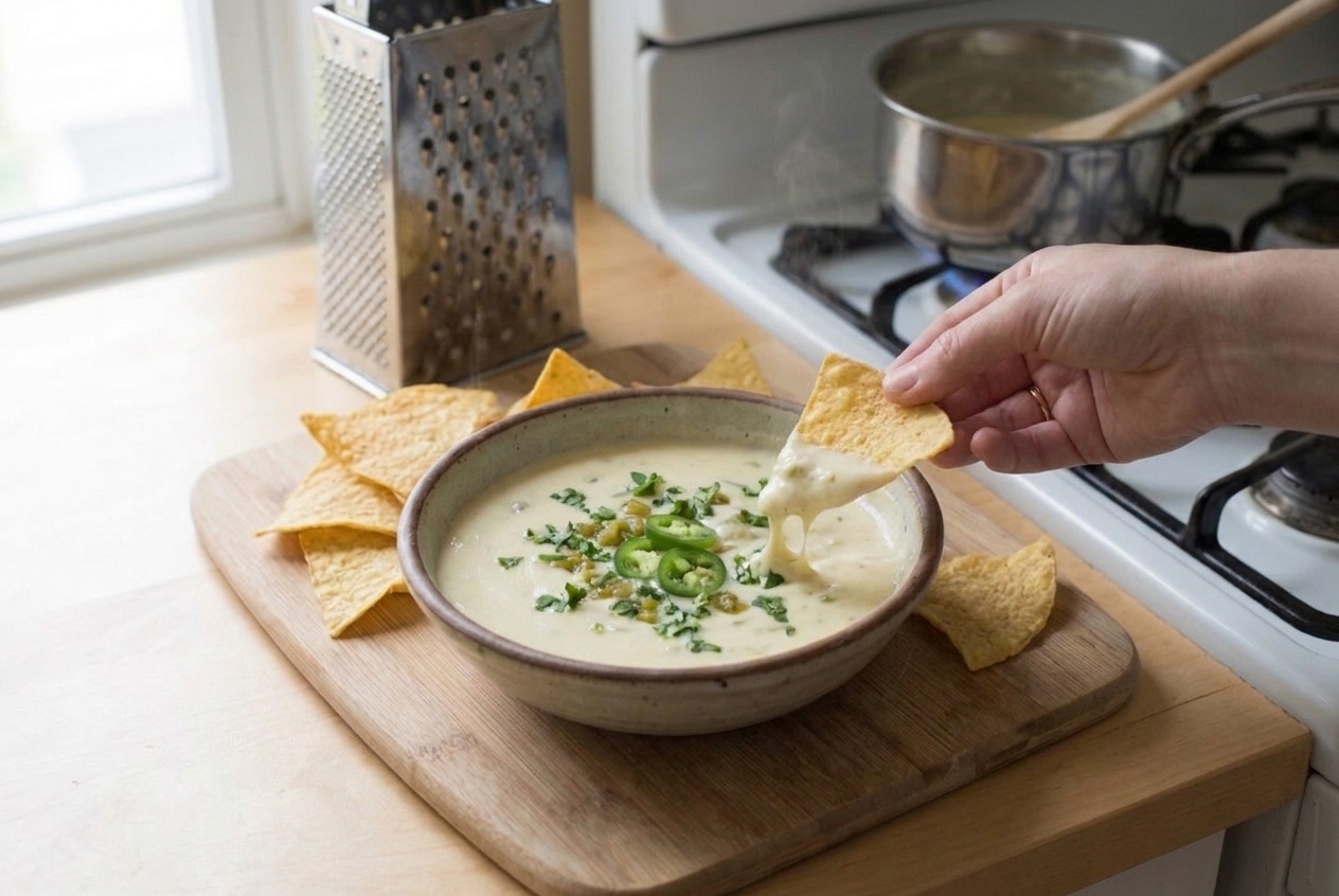 A warm bowl of creamy queso blanco topped with diced green chiles and cilantro on a wooden table with tortilla chips nearby, cozy kitchen lighting