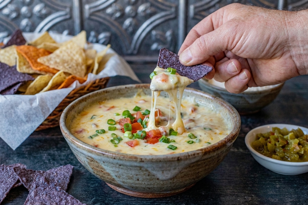 A warm bowl of creamy queso dip on a table with tortilla chips being dipped into it
