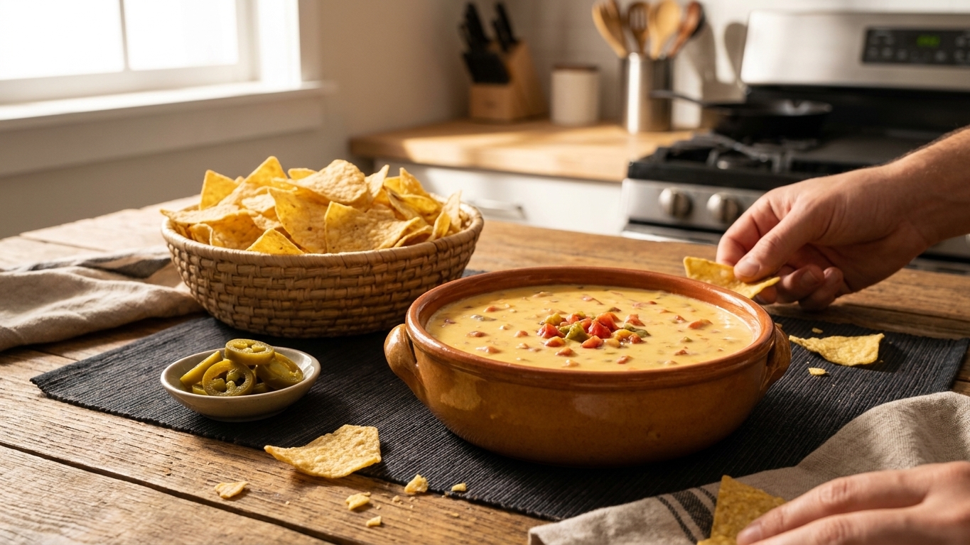 A warm bowl of creamy queso on a table with tortilla chips and a small dish of jalapenos nearby, casual party snack setup