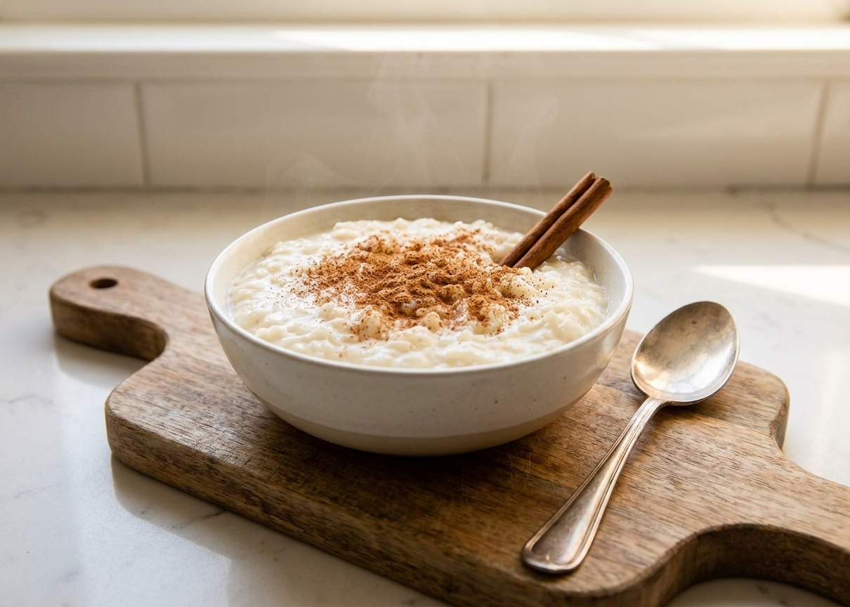 A warm bowl of creamy rice pudding topped with cinnamon on a simple wooden table with a spoon beside it in soft natural kitchen light