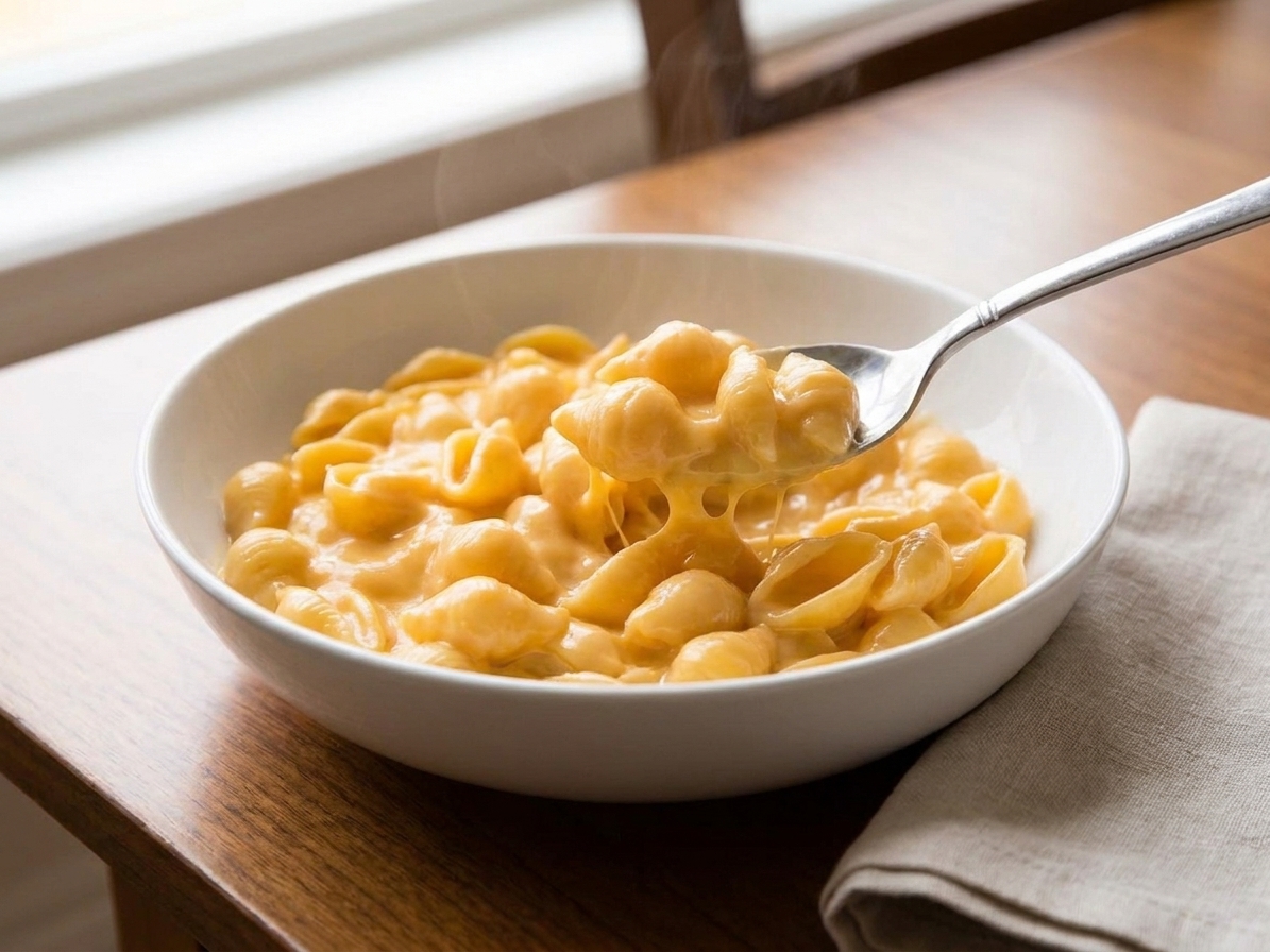 A warm bowl of creamy shells and cheese made with Velveeta, glossy sauce clinging to pasta, set on a wooden table with a spoon and a simple linen napkin