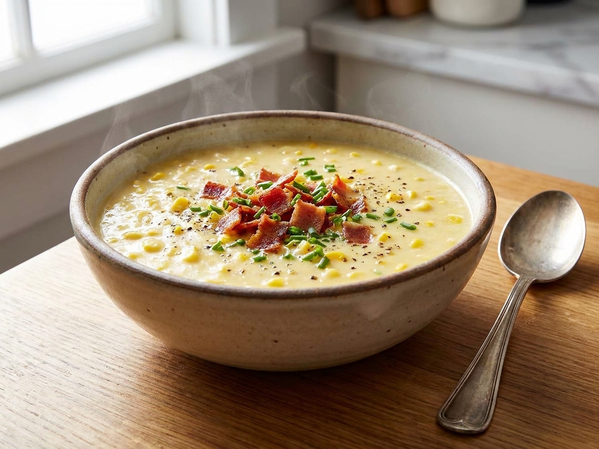 A warm bowl of creamy sweet corn soup topped with crisp bacon, chives, and black pepper on a wooden table with a spoon beside it, natural window light