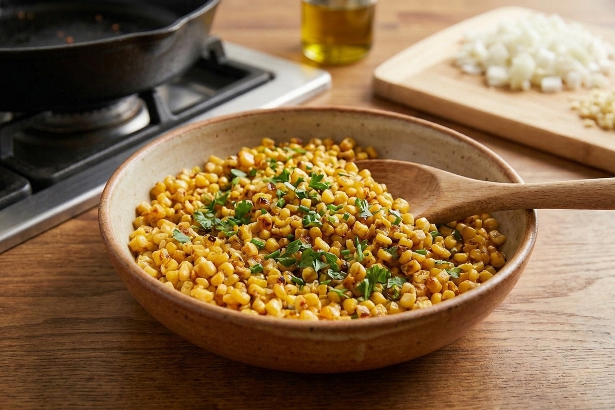 A warm bowl of crispy fried corn with browned bits, garnished with chopped herbs, set on a wooden table with a spoon