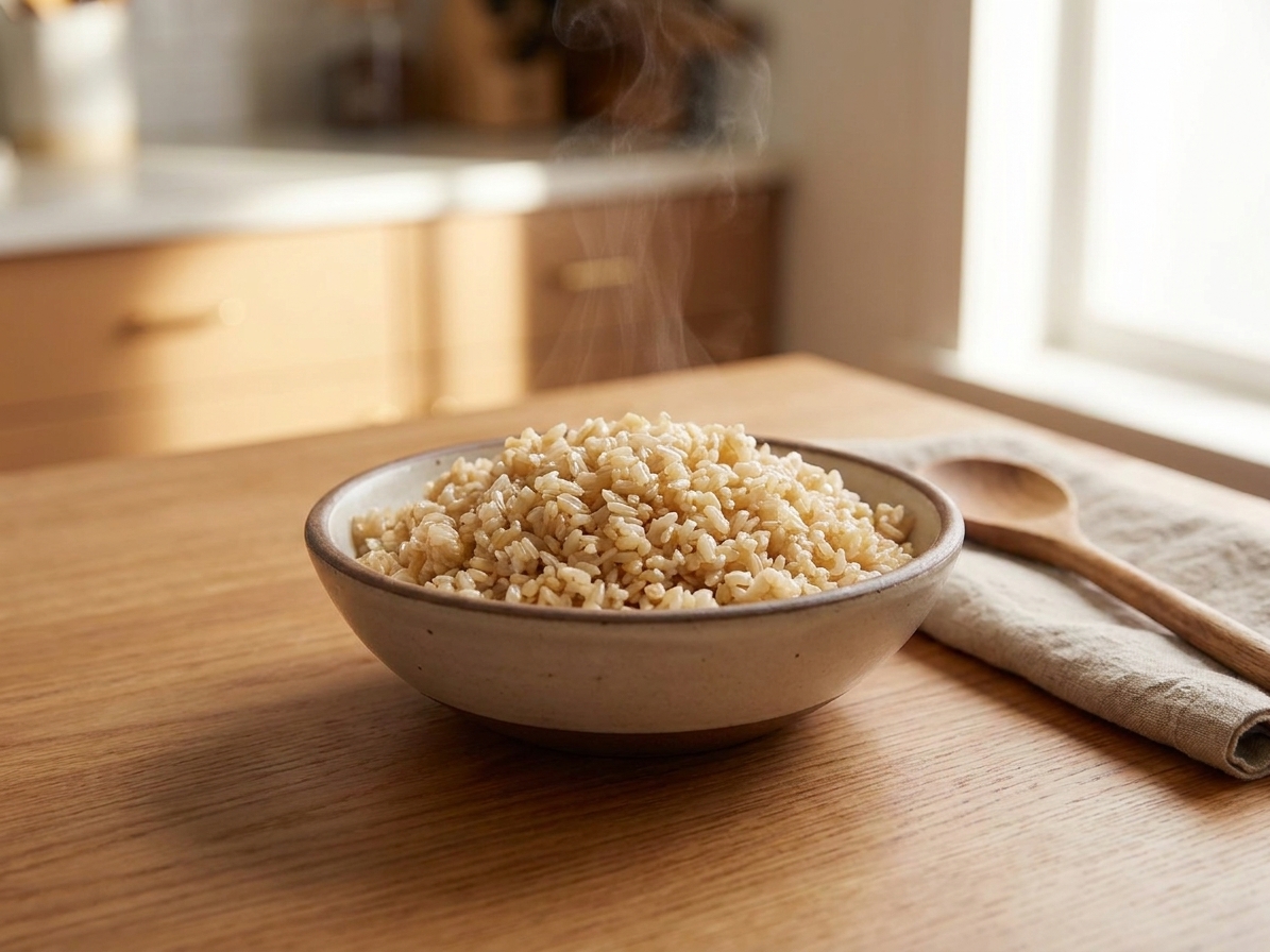 A warm bowl of fluffy brown rice with distinct grains and a light sheen, set on a kitchen table