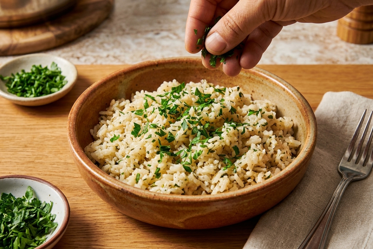 A warm bowl of garlic butter rice garnished with parsley on a simple dinner table setting