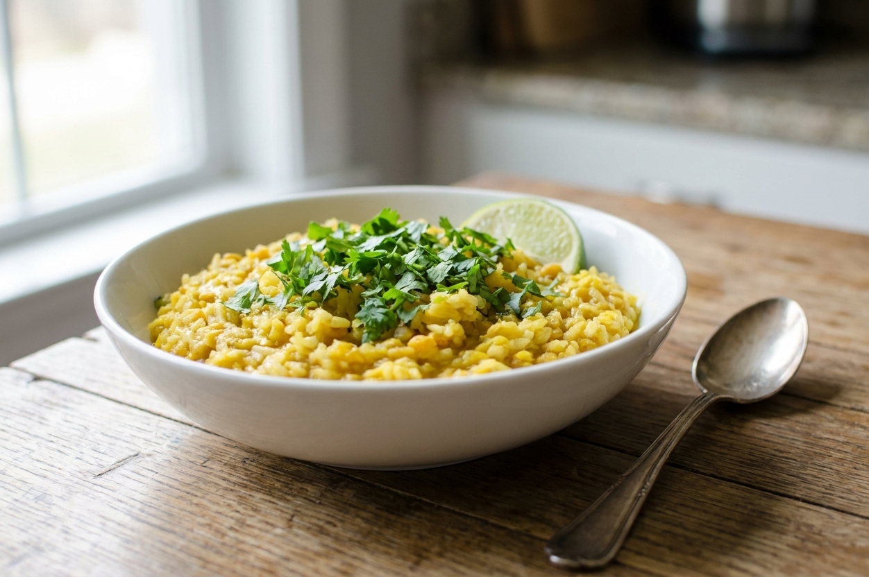 A warm bowl of golden kitchari topped with cilantro and a lime wedge on a wooden table, with a spoon resting beside the bowl in soft natural window light