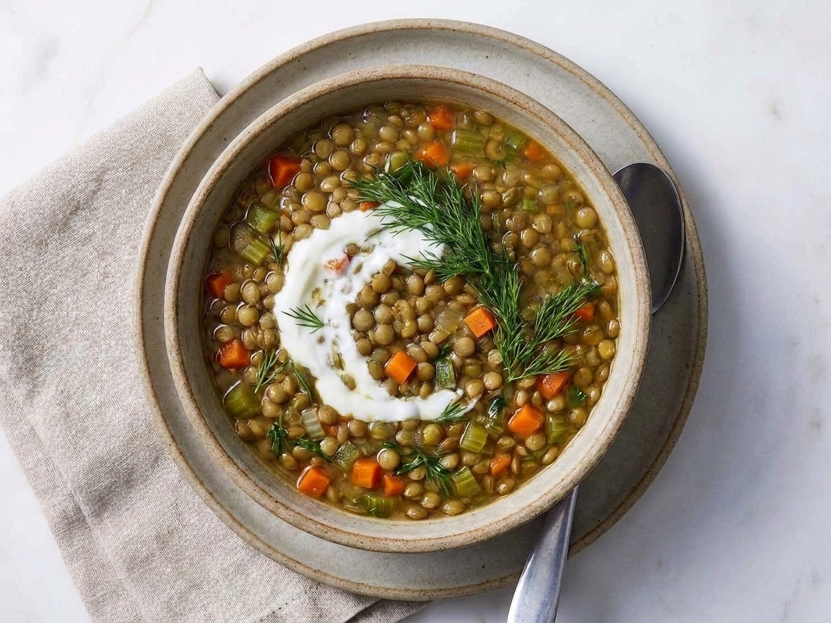 A warm bowl of green lentil soup topped with a white yogurt swirl and fresh dill on a simple dinner table with a spoon