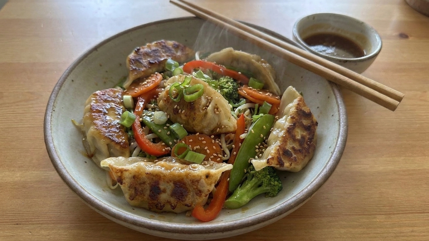 A warm bowl of gyoza stir fry topped with sliced scallions and sesame seeds on a wooden table with chopsticks