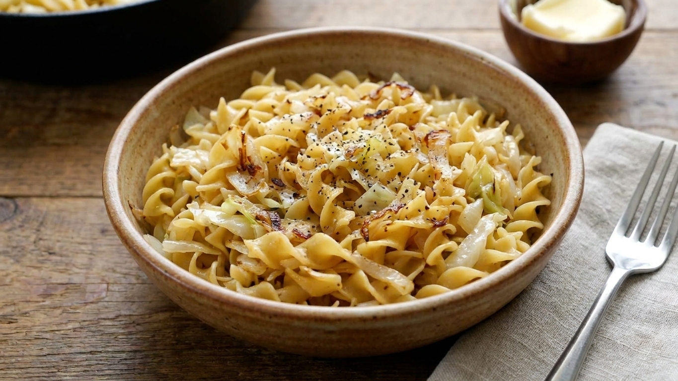 A warm bowl of haluski with buttery egg noodles, tender cabbage, and black pepper on top, set on a simple dinner table with a fork and napkin