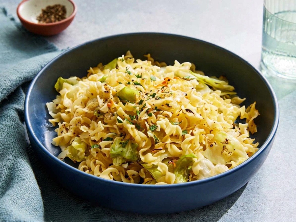 A warm bowl of haluski with buttery noodles and caramelized cabbage, finished with lots of black pepper on a simple dinner table setting