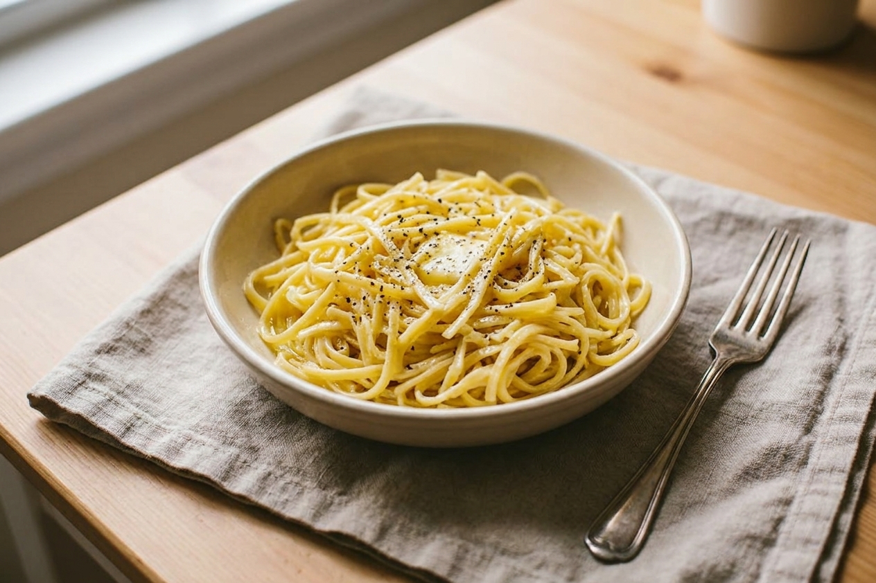 A warm bowl of homemade egg noodles tossed with butter and black pepper on a neutral linen napkin, with a fork resting beside the bowl on a light kitchen table