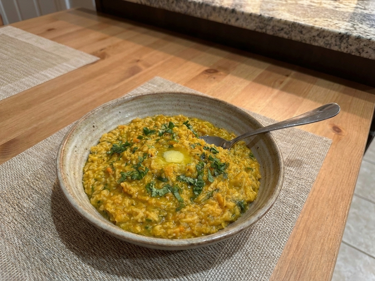 A warm bowl of moong dal khichdi with a small pool of melted ghee on top, garnished with cilantro, sitting on a wooden table with a spoon nearby