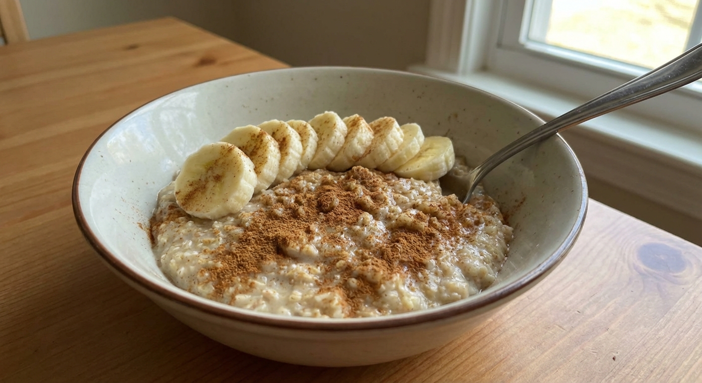 A warm bowl of oatmeal topped with cinnamon and sliced bananas