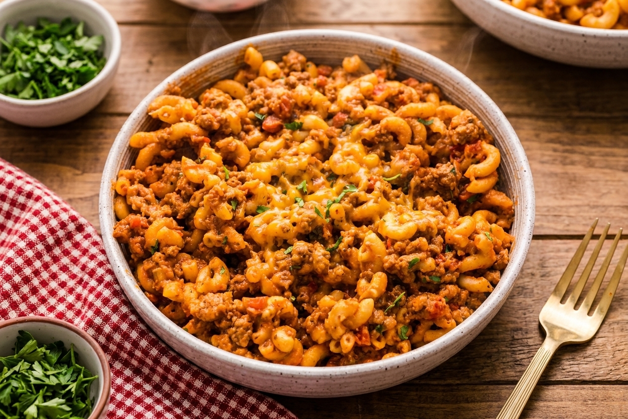 A warm bowl of old fashioned goulash topped with shredded cheddar and chopped parsley on a wooden kitchen table