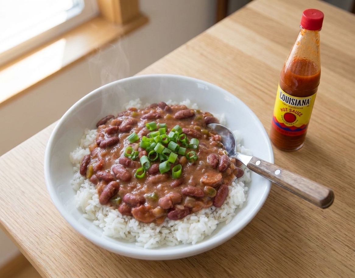 A warm bowl of red beans spooned over white rice on a wooden table with a spoon and a small bottle of hot sauce nearby