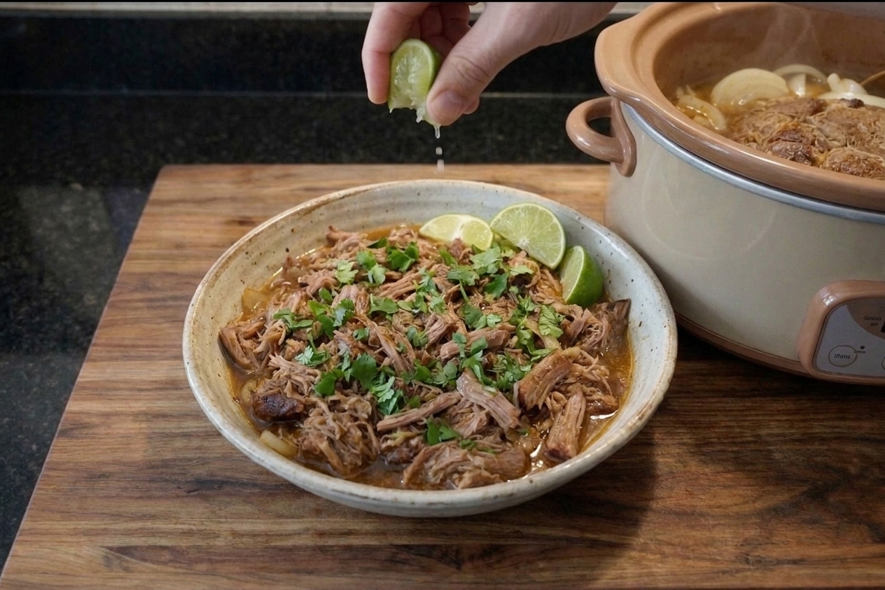 A warm bowl of saucy shredded pork with chopped cilantro and lime wedges on a wooden table, with a slow cooker nearby