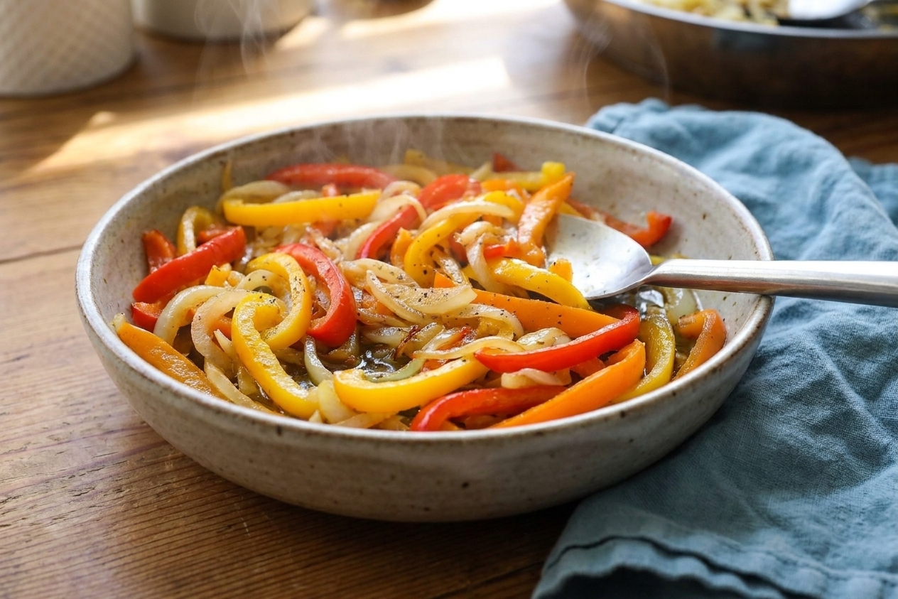 A warm bowl of sautéed pepper and onion filling on a wooden table with a spoon, ready to serve