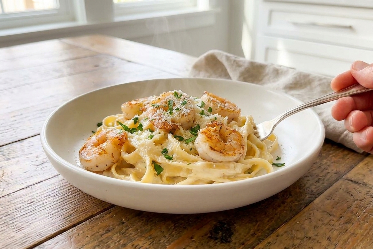A warm bowl of shrimp fettuccine Alfredo with curled pink shrimp, glossy cream sauce, grated Parmesan, and chopped parsley on a wooden table setting
