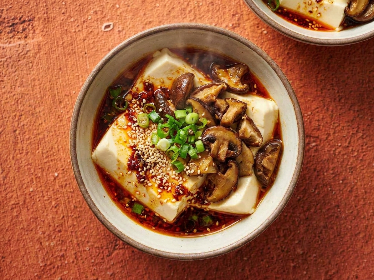 A warm bowl of silken tofu topped with chili oil, sesame seeds, scallions, and sautéed mushrooms