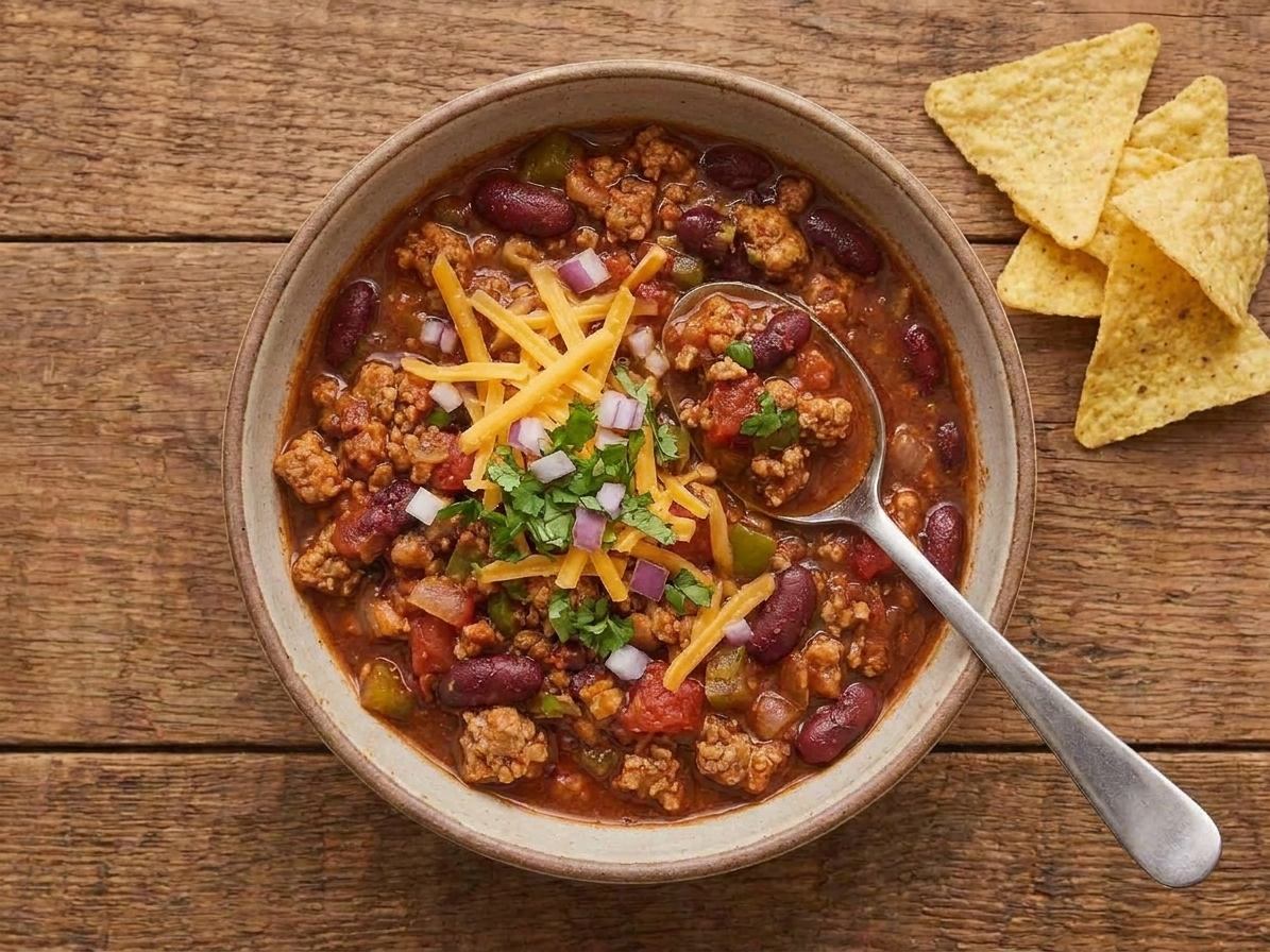 A warm bowl of slow cooker turkey chili topped with shredded cheddar, chopped cilantro, and diced red onion on a wooden table with a spoon and tortilla chips nearby