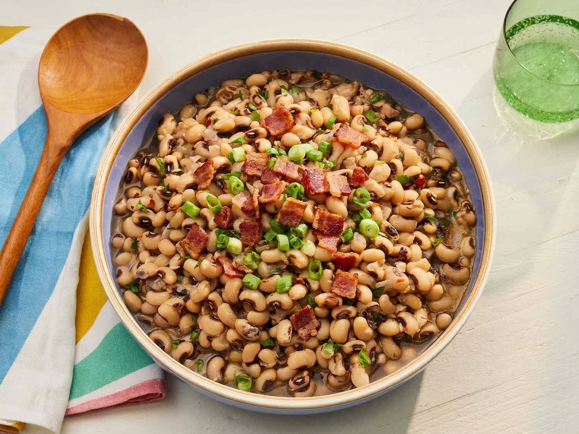 A warm bowl of smoky black-eyed peas with visible bacon pieces and chopped green onions on top, set on a wooden table with a spoon nearby in soft natural kitchen light