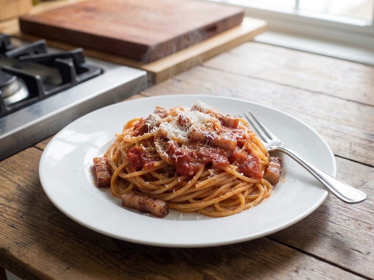 A warm bowl of spaghetti all’amatriciana with a glossy red tomato sauce, crisp guanciale pieces, and a snowy shower of grated Pecorino Romano on a simple white plate on a wooden table