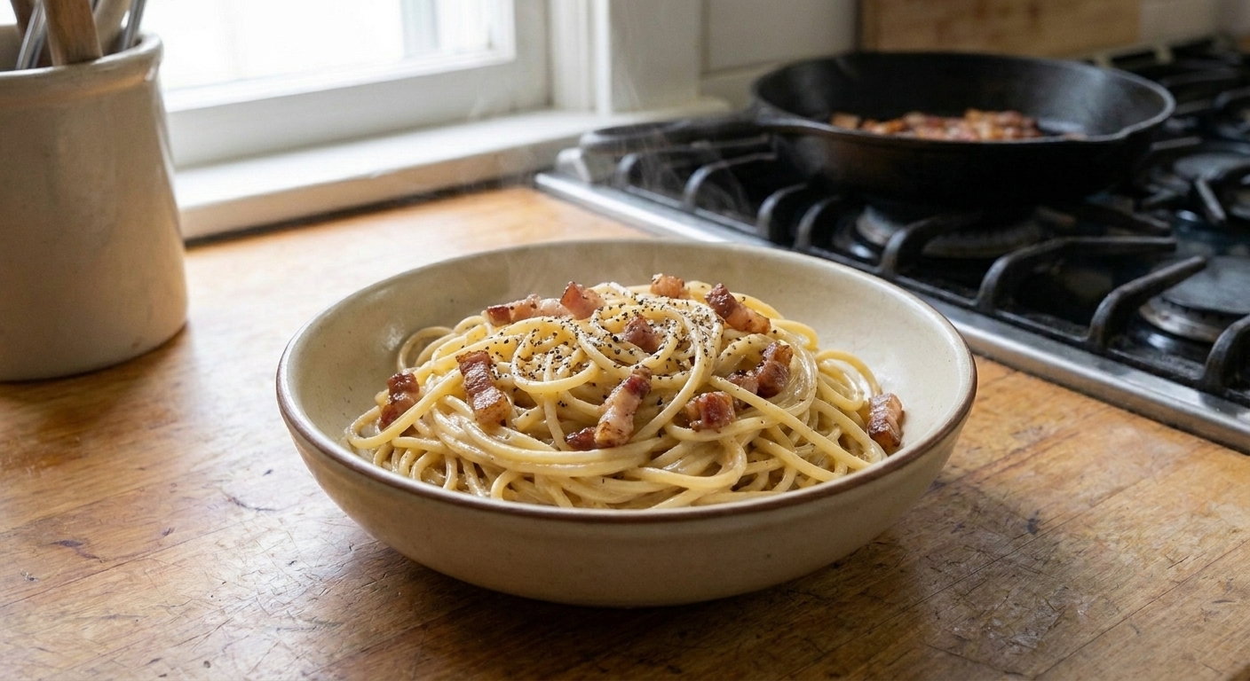 A warm bowl of spaghetti carbonara with glossy sauce, crispy guanciale, and plenty of cracked black pepper on a wooden table in soft natural light