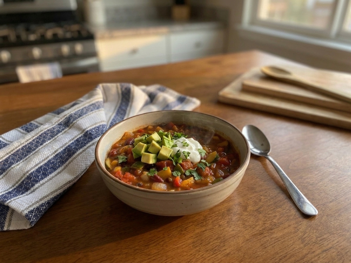 A warm bowl of veggie chili topped with avocado, cilantro, and a dollop of sour cream on a wooden table with a spoon nearby, cozy kitchen lighting