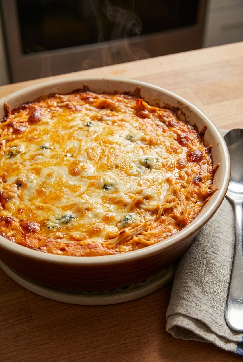 A warm buffalo dip in a baking dish with a golden, bubbly cheese top just out of the oven