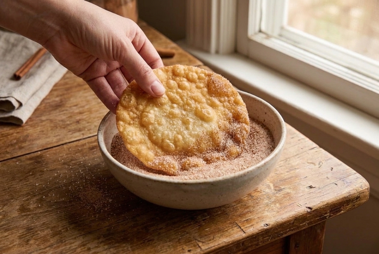 A warm buñuelo being pressed into a bowl of cinnamon sugar by hand on a kitchen counter, sugar crystals visible
