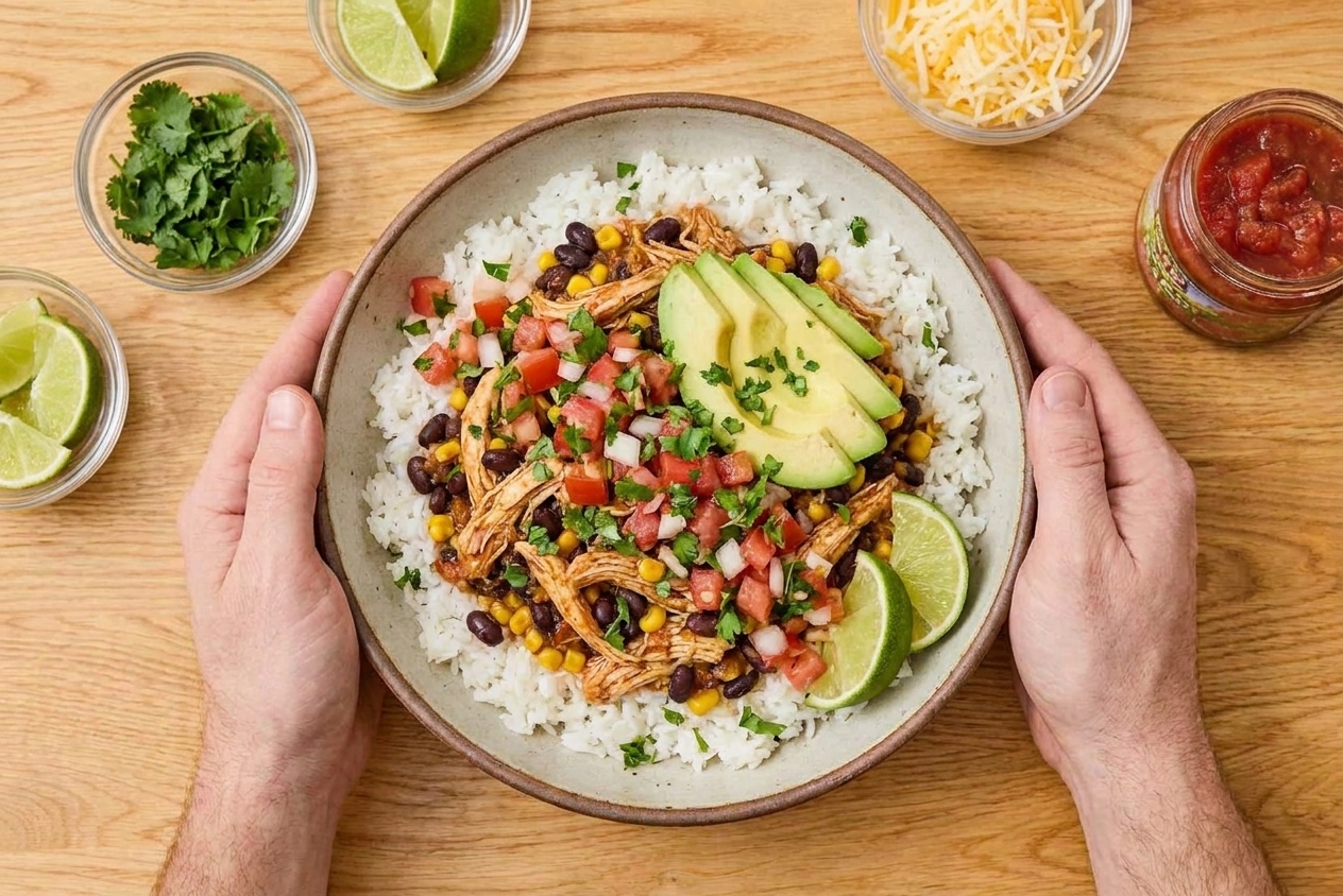 A warm chicken burrito bowl served over rice with black beans, corn, pico de gallo, avocado slices, and cilantro on a wooden table