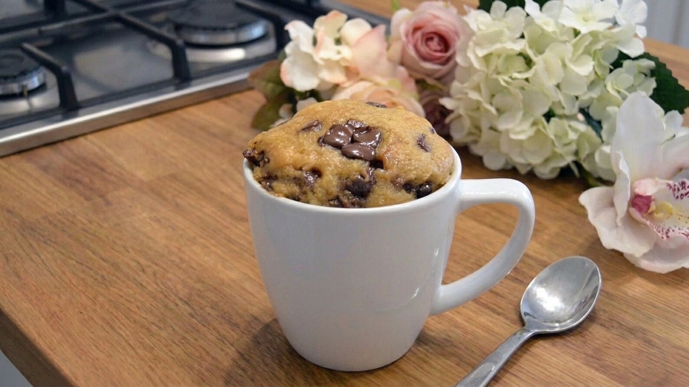 A warm chocolate chip cookie baked in a ceramic mug with melty chocolate chips on top, sitting on a cozy kitchen counter with a spoon nearby