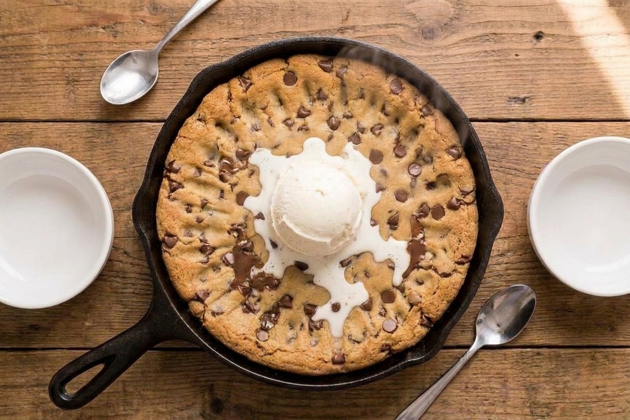 A warm chocolate chip skillet cookie baked in a cast iron pan with a scoop of vanilla ice cream melting on top on a wooden table