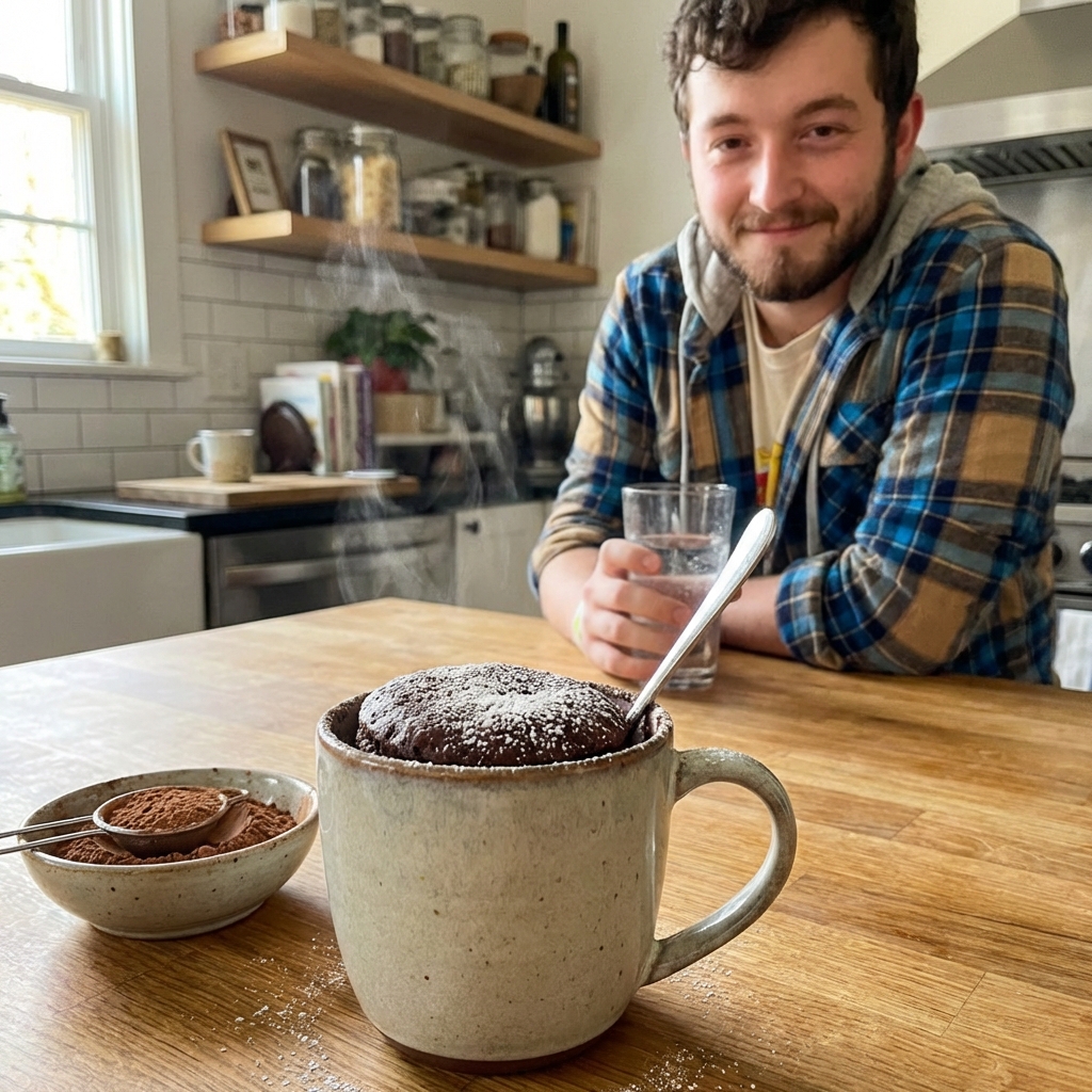 A warm chocolate mug cake in a ceramic mug on a kitchen counter with a spoon and a small bowl of cocoa powder nearby