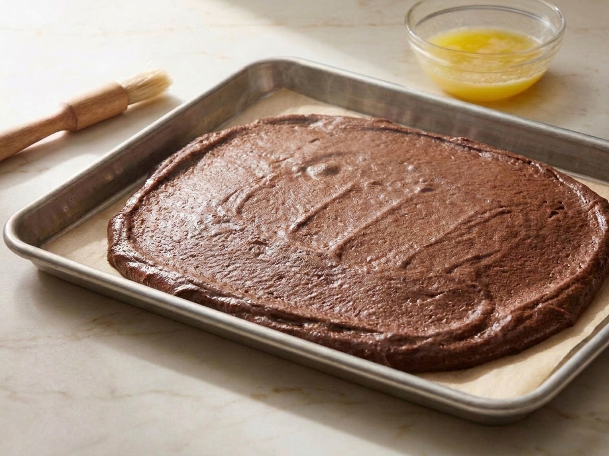 A warm chocolate sponge cake baked in a rimmed sheet pan on a stone kitchen counter, edges just set and center springy