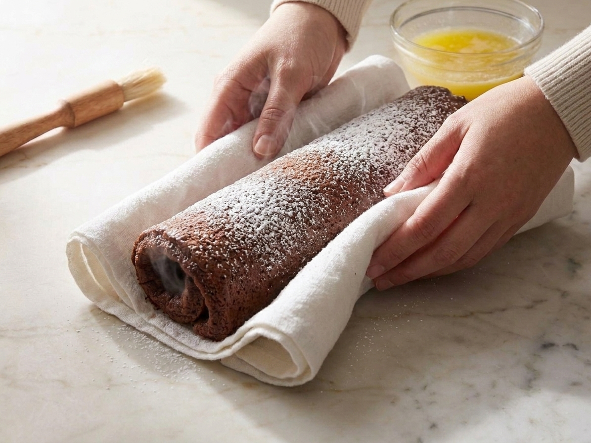 A warm chocolate sponge cake rolled up in a powdered sugar dusted kitchen towel on a stone countertop, ready to cool