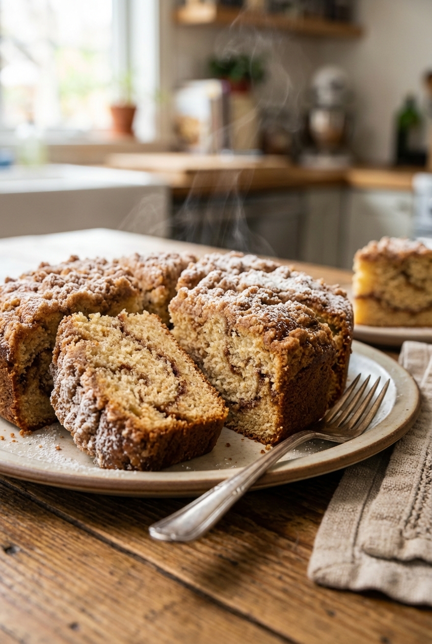 A warm cinnamon coffee cake sliced on a plate next to a fork on a wooden table