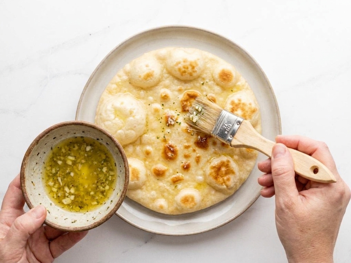 A warm cooked flatbread on a plate being brushed with melted butter using a pastry brush, with a small bowl of garlic herb butter nearby