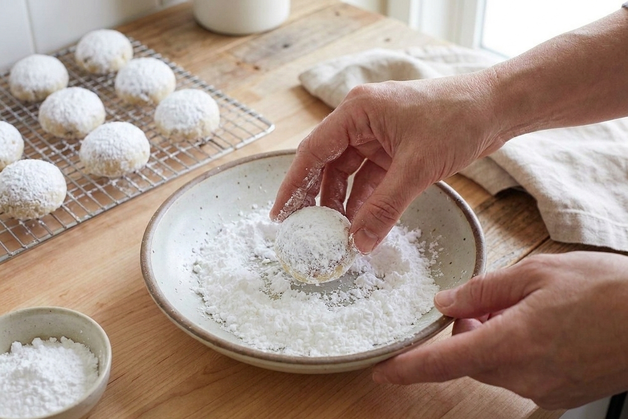 A warm cookie being rolled in powdered sugar in a shallow bowl, with other cookies cooling on a wire rack
