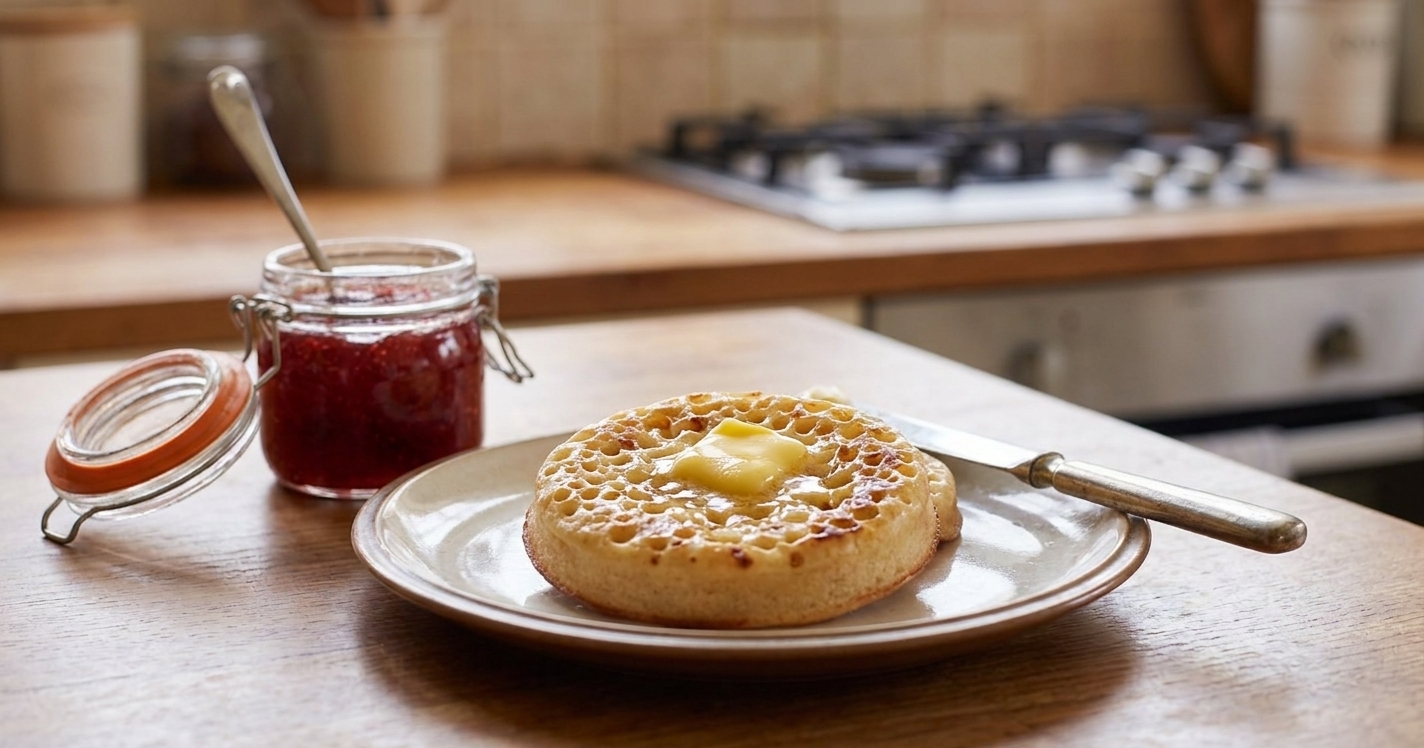 A warm crumpet on a plate with butter melting into the holes, with a jar of jam nearby on a wooden table