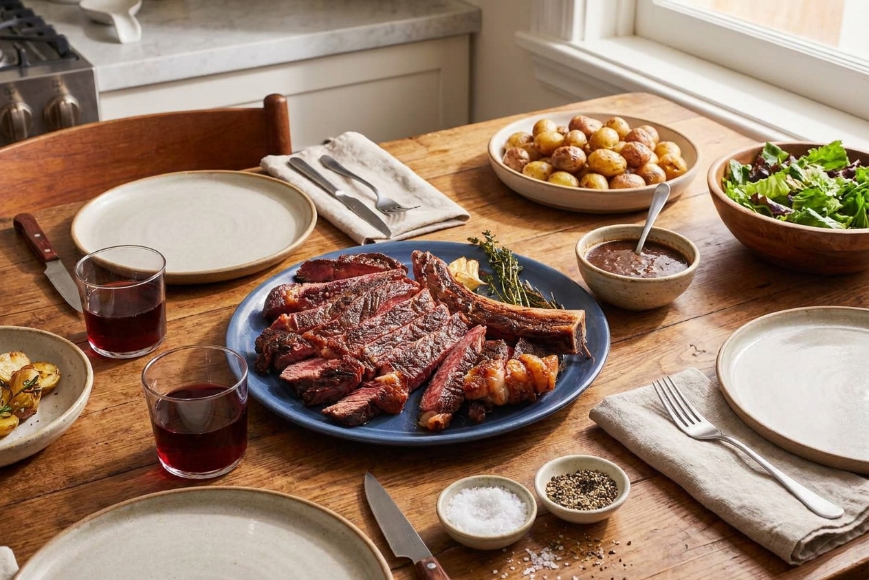 A warm dinner table set with plates and serving utensils, featuring a platter of ribeye roast, a bowl of sauce, and simple side dishes under soft kitchen lighting