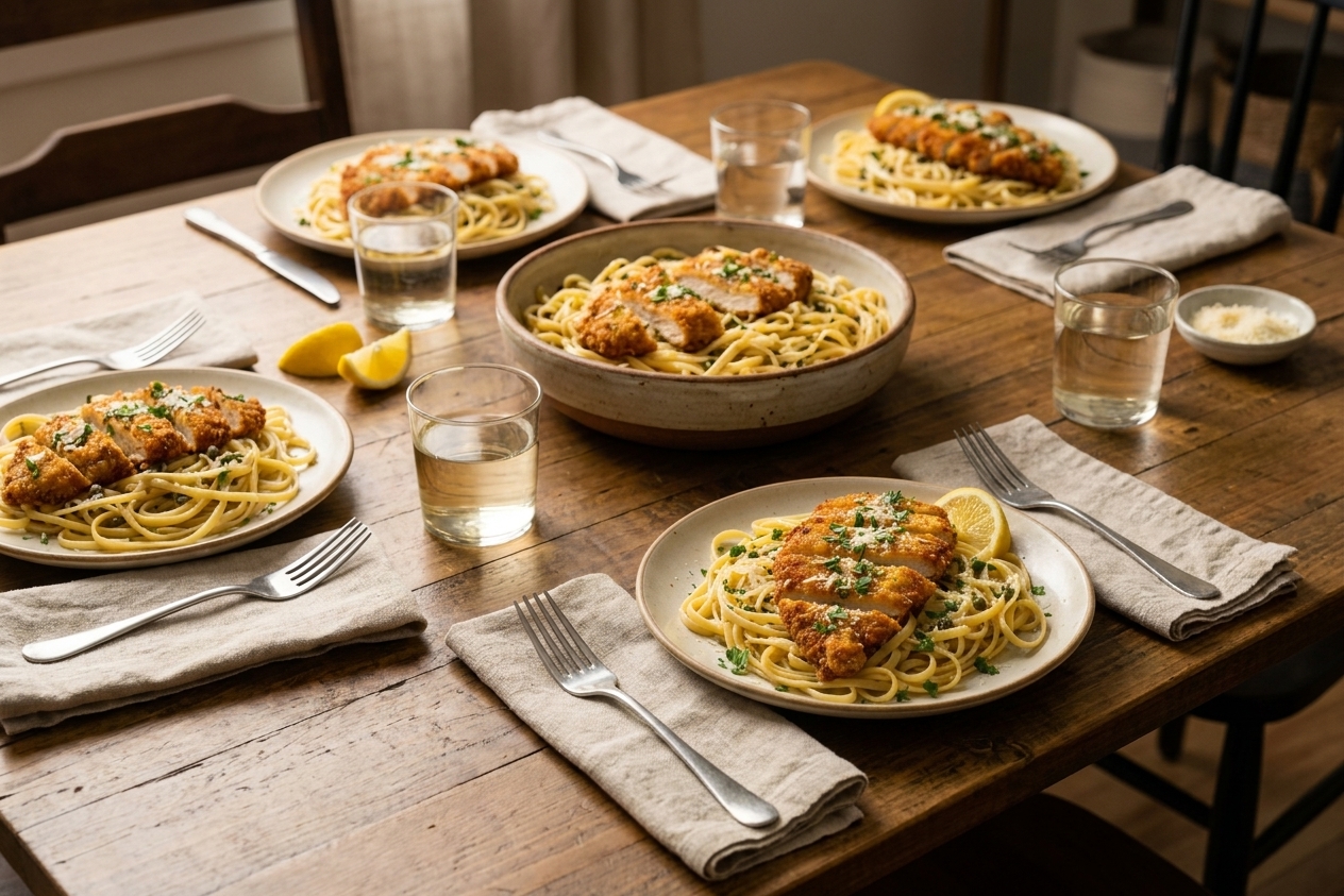 A warm dinner table set with plates of chicken and pasta, a serving bowl in the center, and simple water glasses under soft evening light