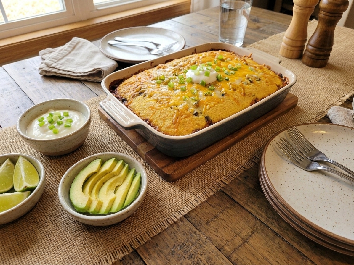 A warm dinner table setting with a baking dish of tamale pie, small bowls of sour cream, avocado slices, and lime wedges ready for serving