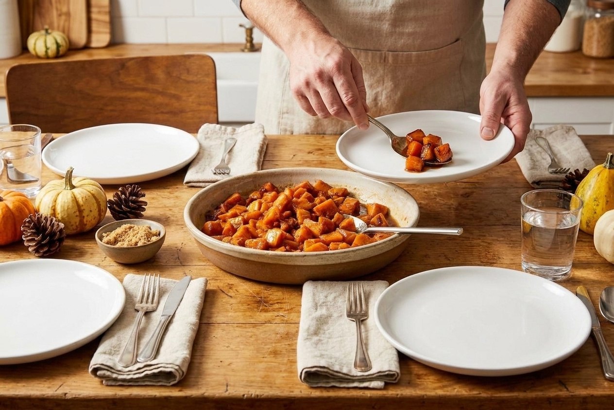 A warm dinner table setting with a serving dish of candied yams surrounded by plates and simple fall decor