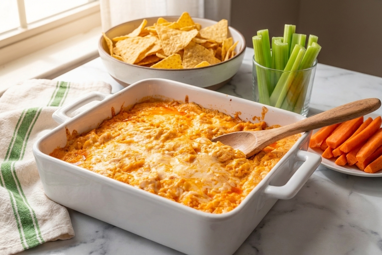 A warm dish of Buffalo chicken dip on a table with tortilla chips, celery sticks, and carrot sticks ready for dipping