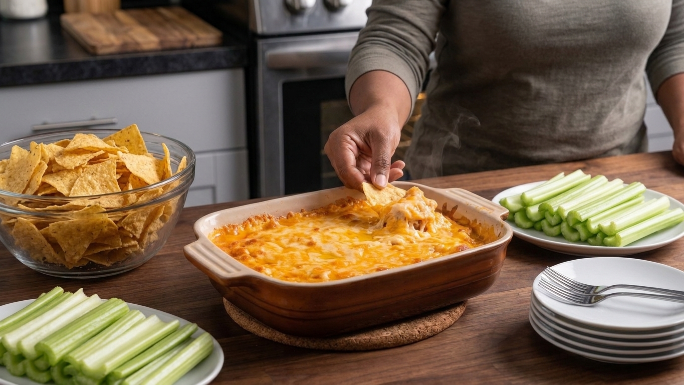 A warm dish of buffalo chicken wing dip on a table setting with tortilla chips, celery sticks, and small plates ready for serving