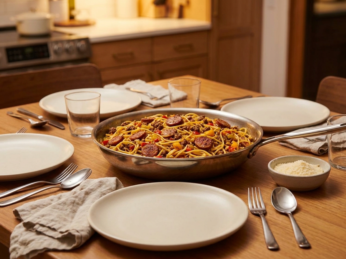 A warm family dinner table setting with a serving bowl of dirty spaghetti, plates, and simple silverware under soft kitchen lighting