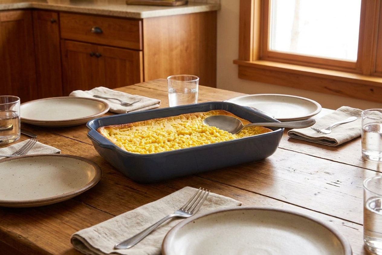 A warm family-style dinner table with a baking dish of corn souffle casserole, a serving spoon, and simple plates in soft natural light
