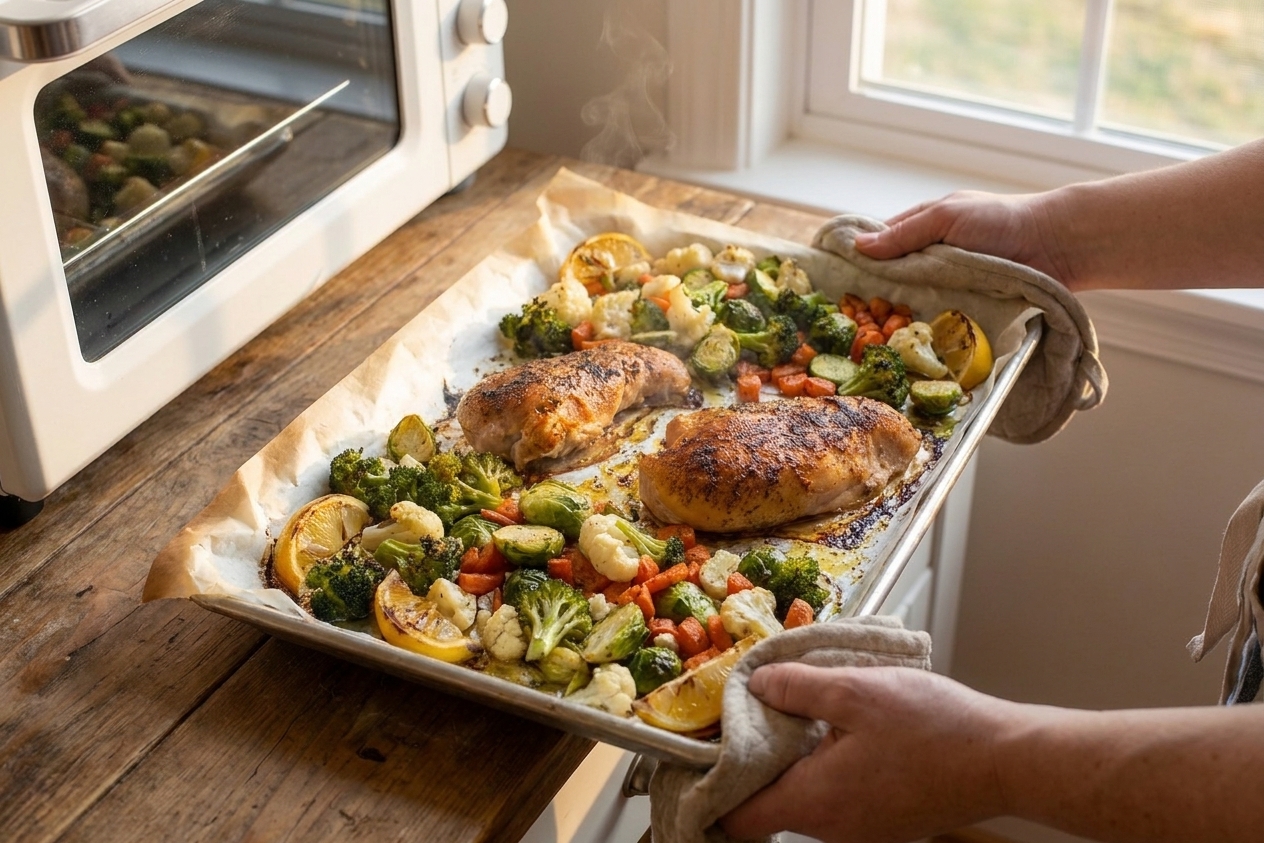 A warm, family style sheet pan dinner with roasted chicken, colorful vegetables, and lemon wedges on a parchment lined pan on a bright kitchen counter