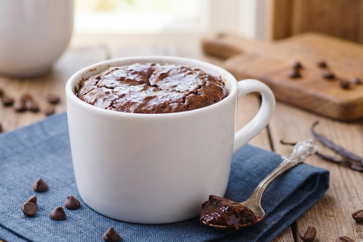 A warm, fudgy brownie baked in a white ceramic mug with a glossy chocolate top, sitting on a wooden kitchen counter with a spoon nearby
